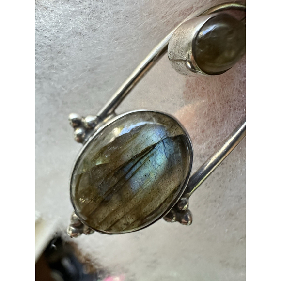 Lg Vtg Sterling Silver 925 2.5” Pendant Labradorite Iridescent Blue Gray Flash - Picture 3 of 10